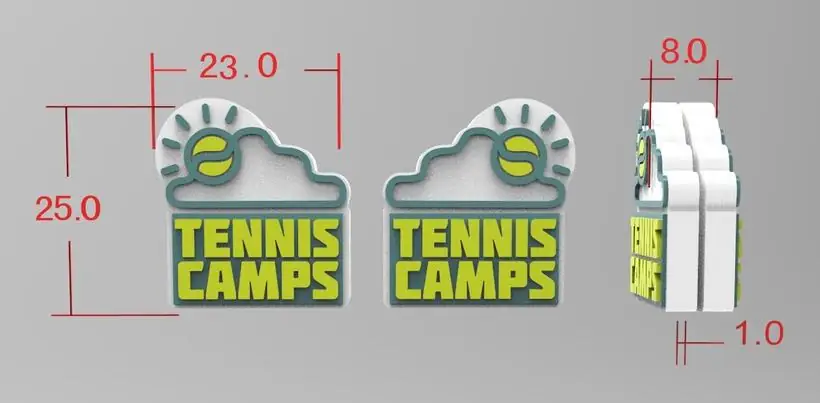 Projekt 3D tłumika tenisowego z wymiarami — Tennis Camps