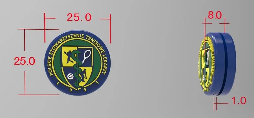 Wizualizacja 3D tłumika tenisowego z wymiarami